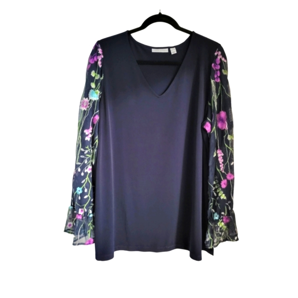 Susan Graver Navy Blue Liquid Knit Top. Chiffon Sleeves with Floral Embroidery.